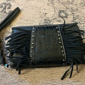 Montana West Black Embossed Fringe Wristlet